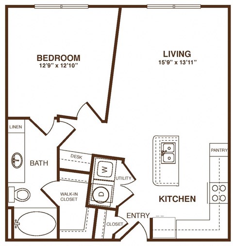 Floor plan for 1 bed, 1 bath, 715 sqft